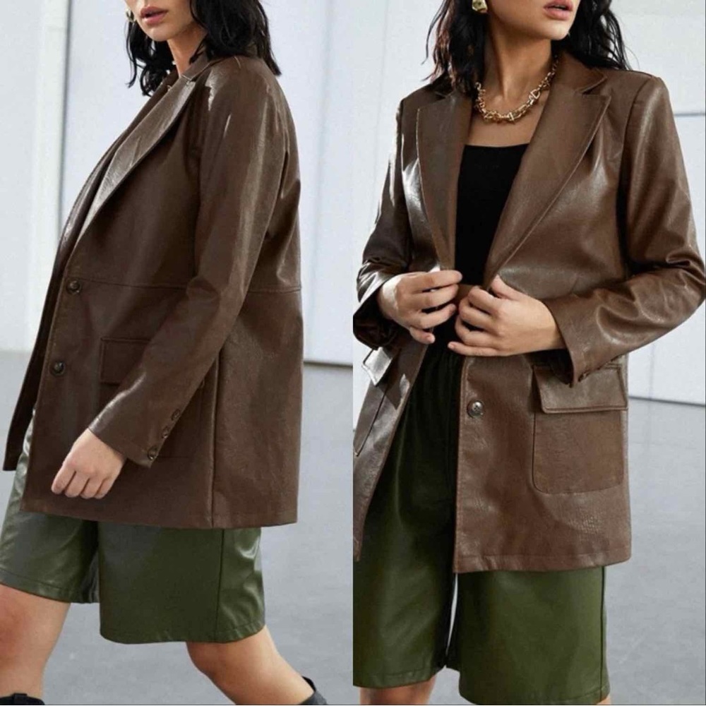 OVERSIZED  FAUX LEATHER BLAZER IN BROWN - Picture 5 of 11